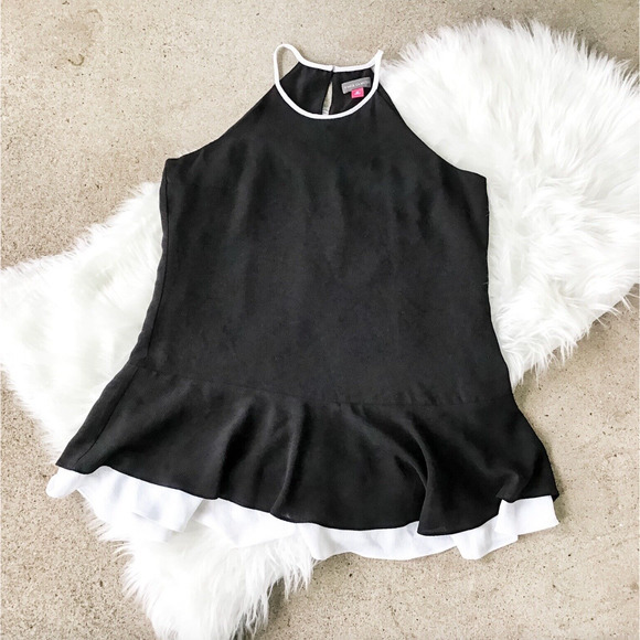 EUC VINCE CAMUTO Size Large Black Sleeveless Halter White Ruffle Trim Top - Picture 3 of 16
